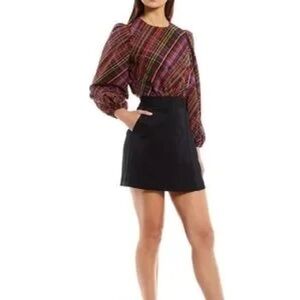 NWT LDT Ivonne Plaid Crew Neck 3/4 Puff Sleeve Dress Black